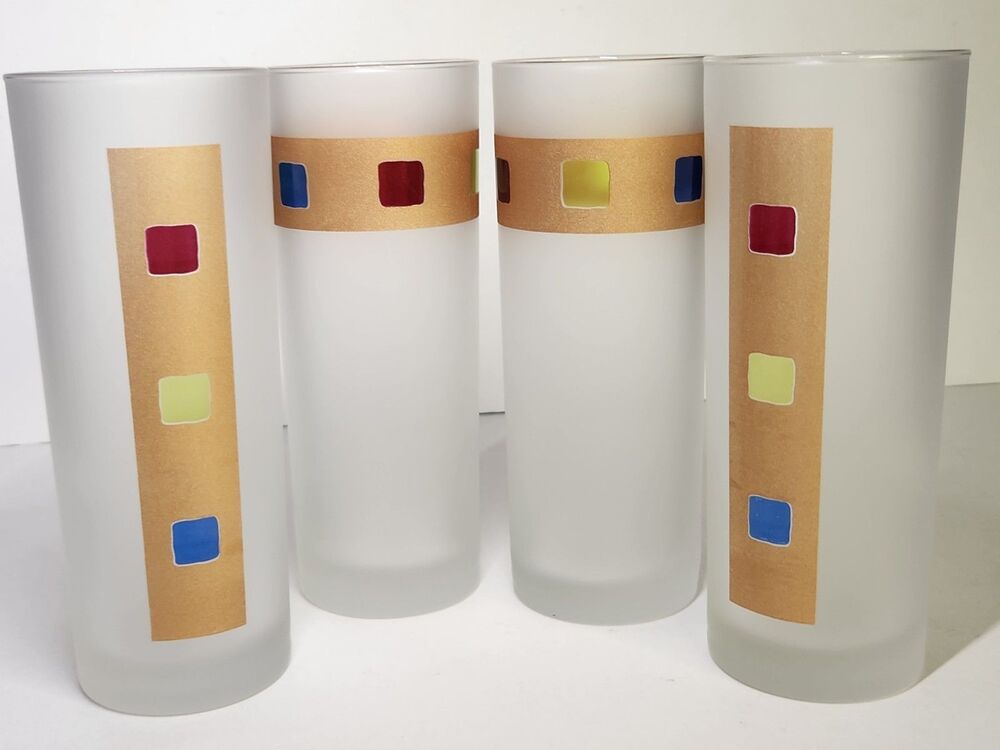 MCM Set Of 4 Highball Jewel Glasses Made In France Dartington Frosted 7" Gold